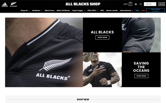 Screenshot: online winkel "New Zealand All Blacks".