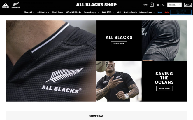 Ekrānuzņēmums: "New Zealand All Blacks" tiešsaistes veikals