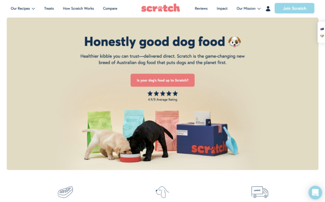 Snímka obrazovky: Služba objednávania krmiva pre psov "scratch".