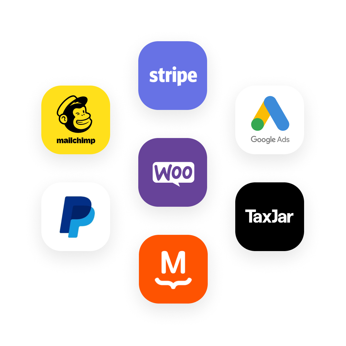 WooCommerce와 호환되는 일부 제품의 로고: Stripe, Google Ads, TaxJar, MailChimp, PayPal 및 MailPoet.