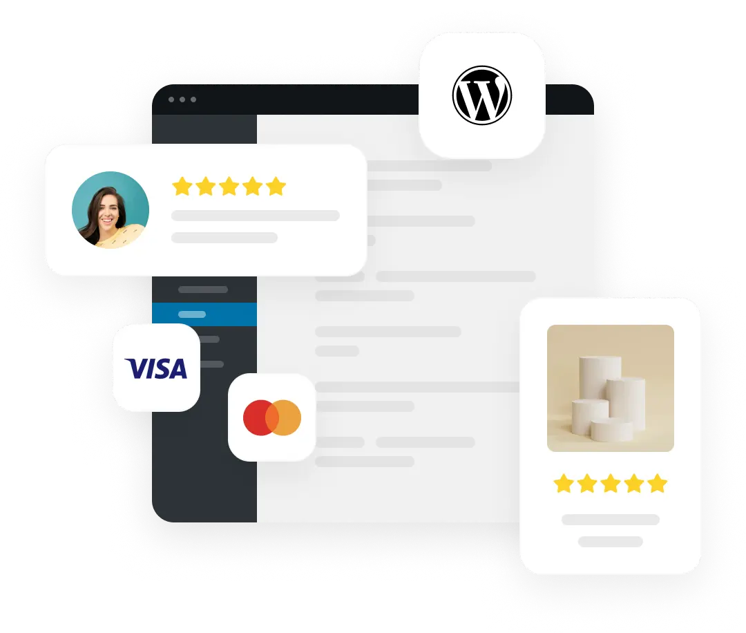 Illustration avec les logos WordPress, Visa et Mastercard sur un tableau de bord d'administration WordPress avec un avis client et une carte produit.