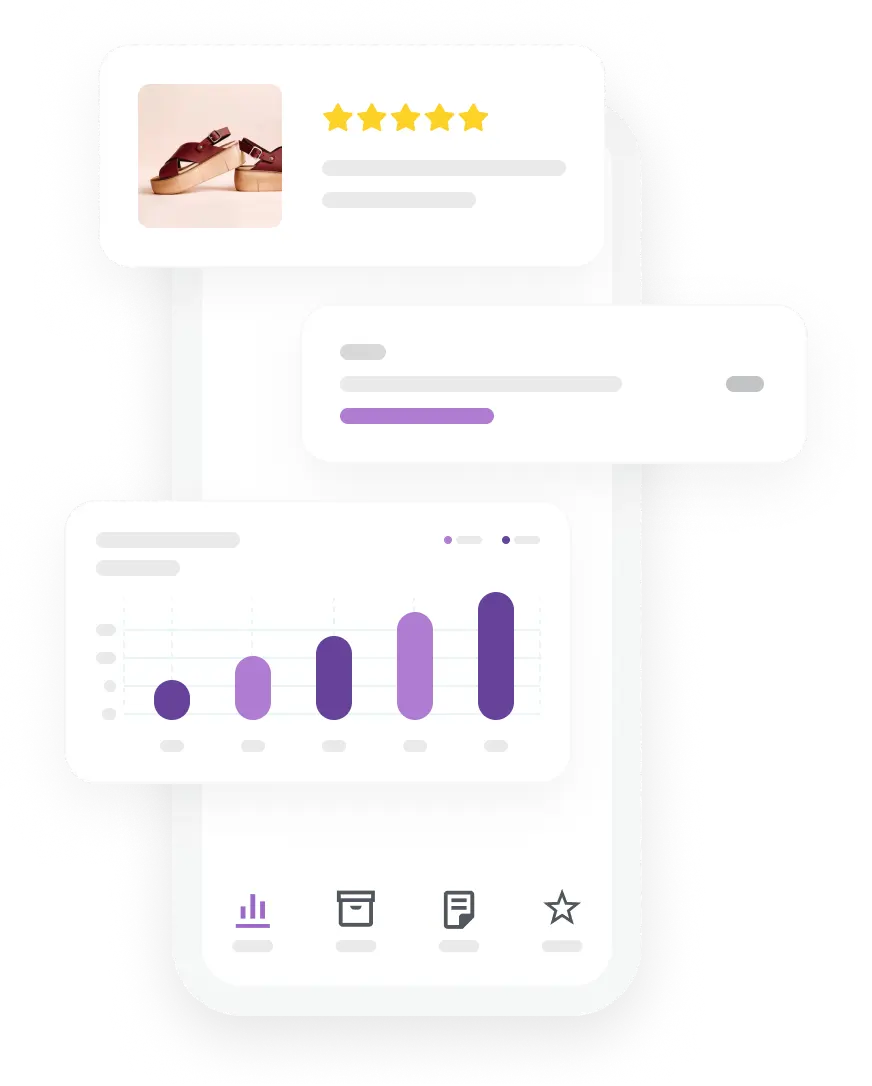 Ilustrácia mobilnej aplikácie WooCommerce s produktovou kartou a rozhraním štatistík.