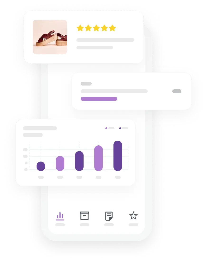 Illustrasjon av WooCommerce mobilapp, med produktkort og statistikkgrensesnitt.