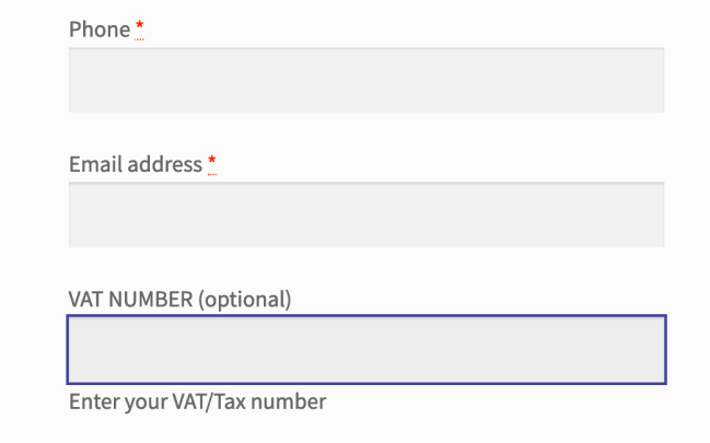 EU VAT Number field with focus showing the label above and description below, both editable in the setting