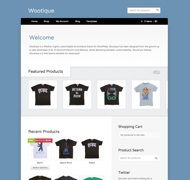 The Wootique theme's homepage, showcasing products from your online store.
