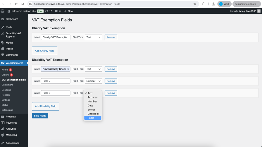 VAT Exemption field set-up page