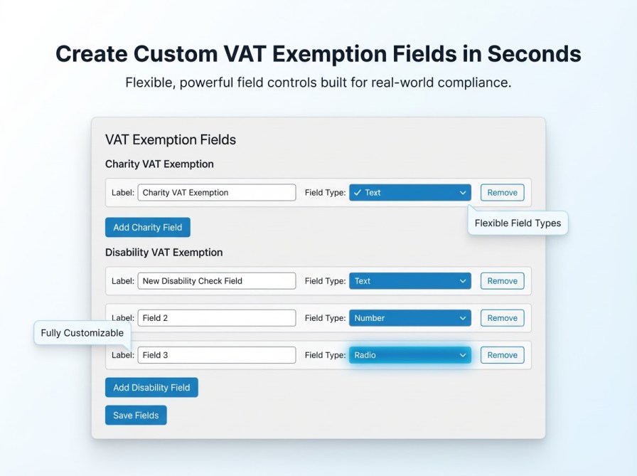 how to create customer VAT exemption Fields in Seconds dashboard set-up