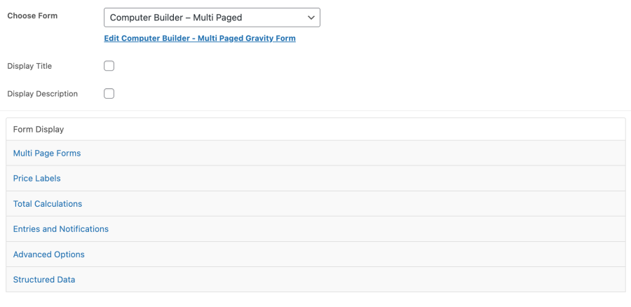 Product editor showing Gravity Forms configuration with expandable settings panels