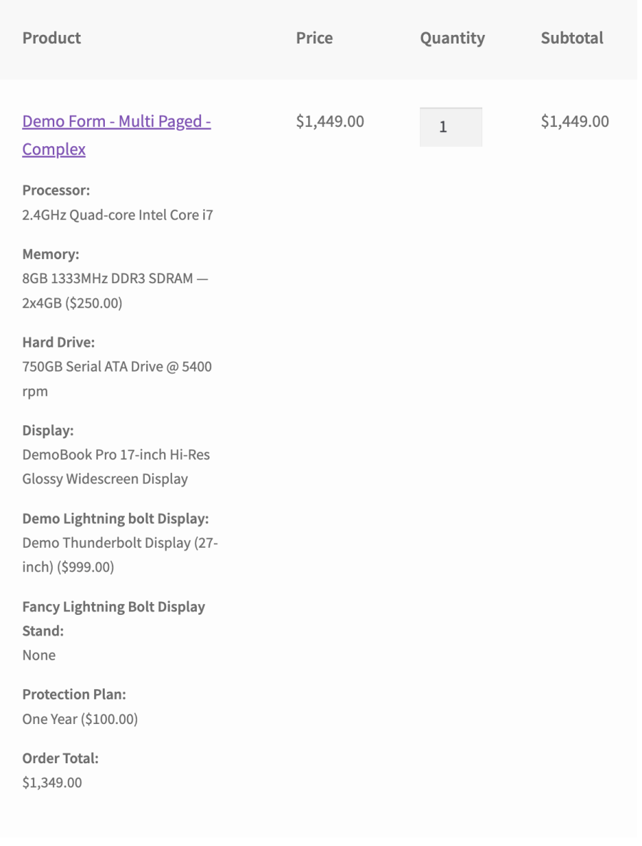 WooCommerce cart showing detailed form field data for a configured product