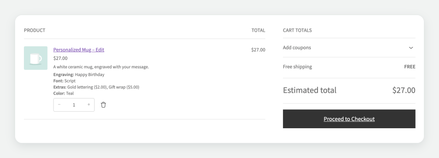 The Cart block with a Personalized Mug, its form details on separate lines and an Edit link