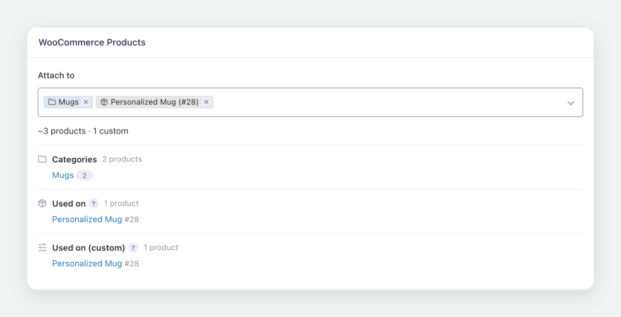 A form's WooCommerce tab with the Mugs category attached and the products that use the form