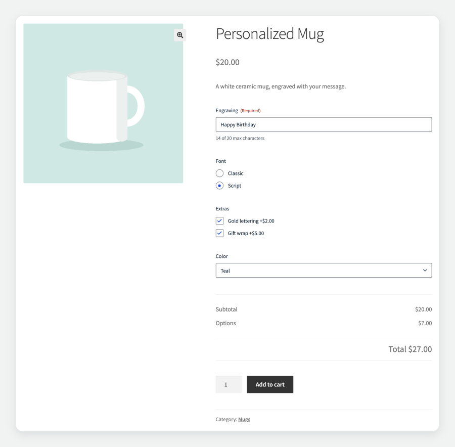 A Personalized Mug product page with an engraving, gold lettering and gift wrap, and totals of $20, $7 and $27