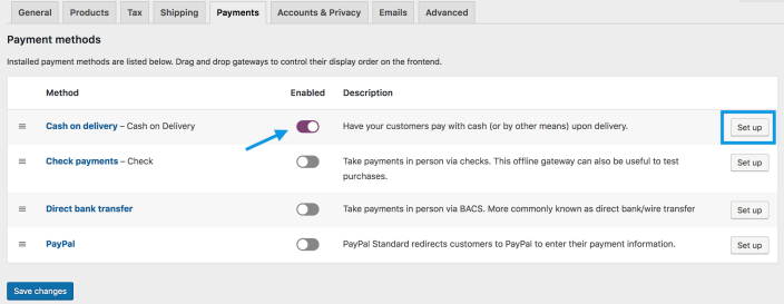 Image showing the settings page to enable Cash on Delivery on a WooCommerce store. It includes the enable/deactivate toggle and the setup button.