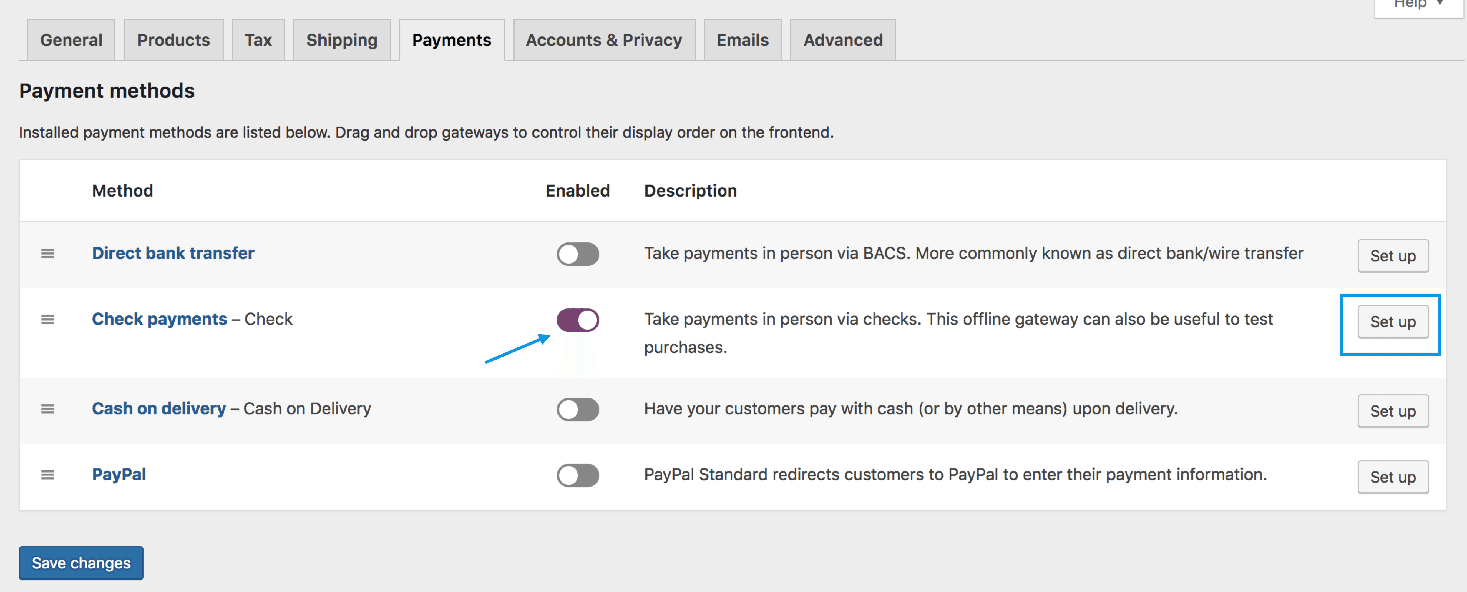 Image showing the settings page to enable check payments on a WooCommerce store. It includes the enable/deactivate toggle and the set up button.