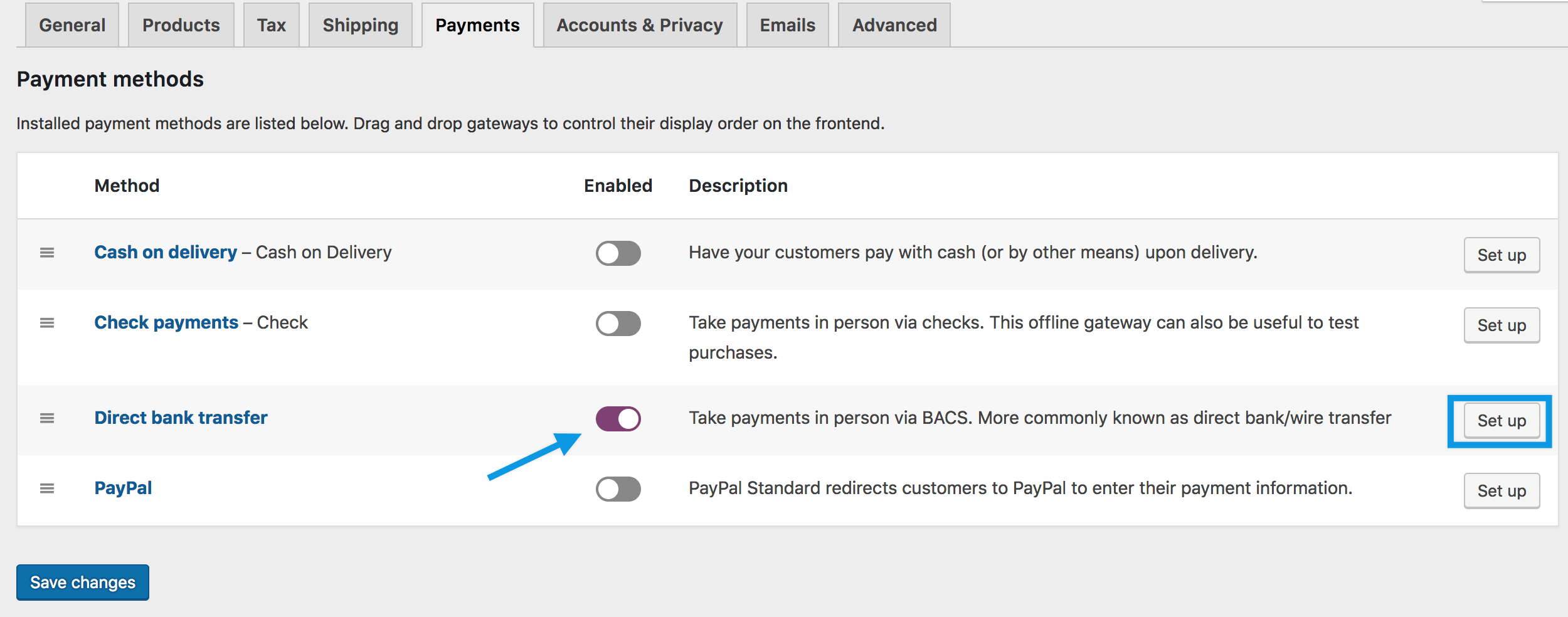 Image showing the settings page to enable Direct Bank Transfer (BACS) on a WooCommerce store. It includes the enable/deactivate toggle and the setup button.