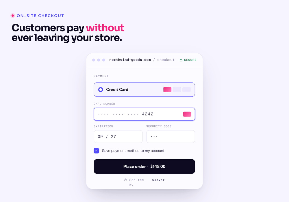 The Clover credit card payment form on a WooCommerce checkout with a save-card option