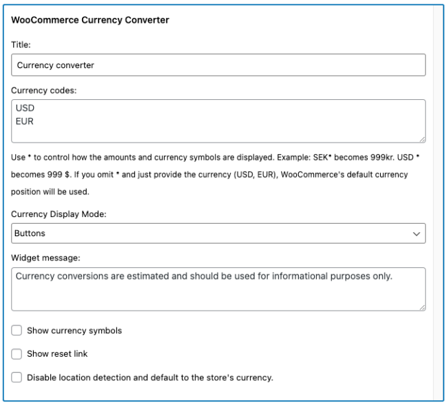 Currency Converter Widget settings