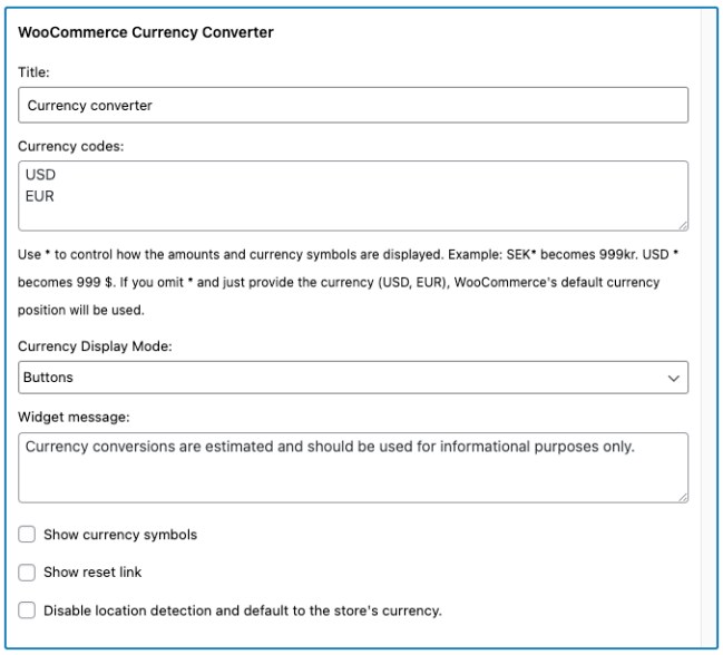 Ajustes del widget Conversor de divisas