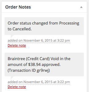 WooCommerce Braintree Voided order notes