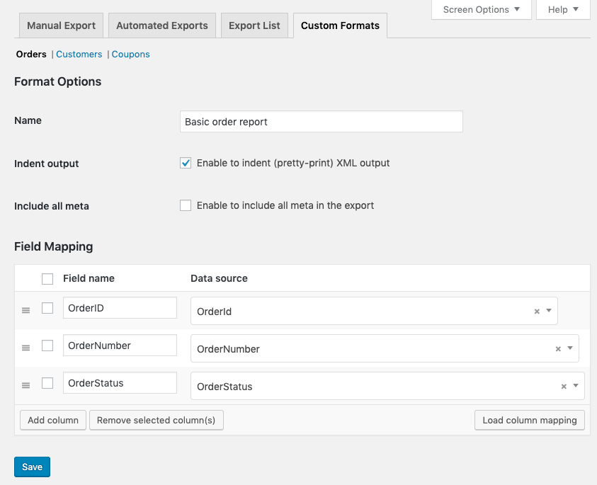 Custom XML format settings