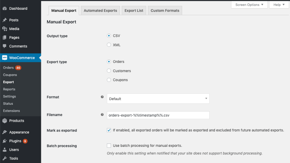 Settings for manual bulk exports