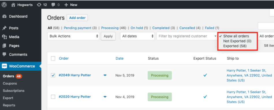 Selecting orders to export