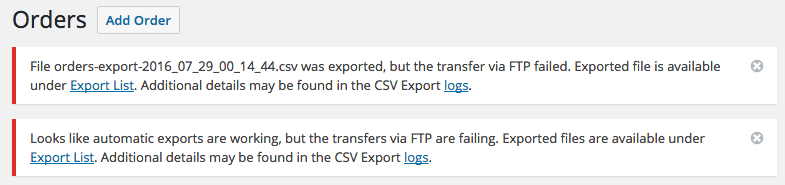 Notices for failed export transfer