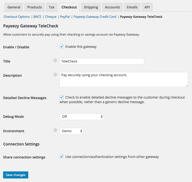 WooCommerce First Data Payeezy Gateway eCheck Settings