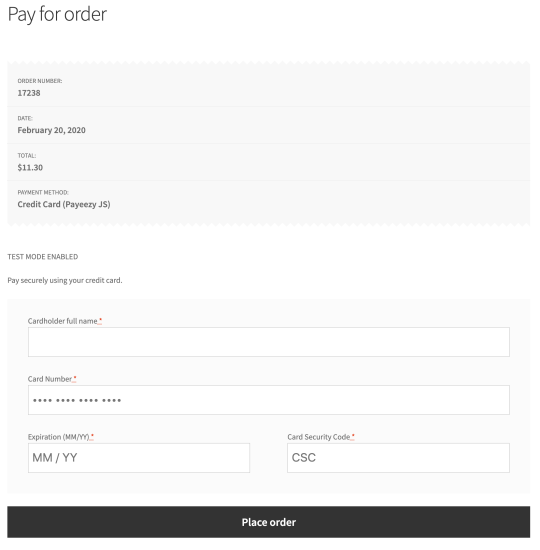Payeezy JS credit card form on the Pay for order page