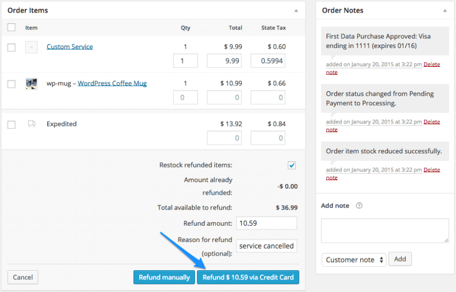 An example of processing a refund in Clover for WooCommerce