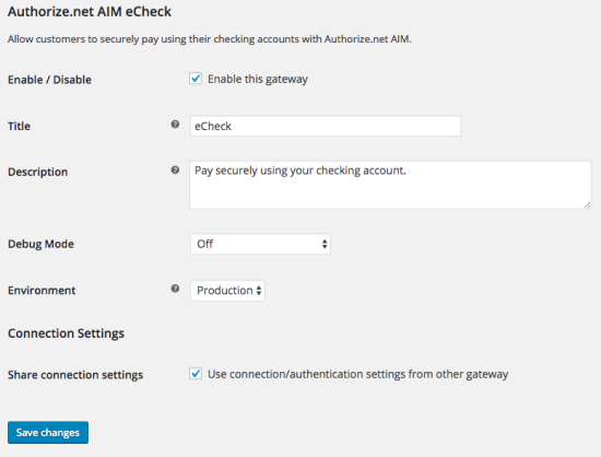 WooCommerce Authorize.Net AIM eCheck settings