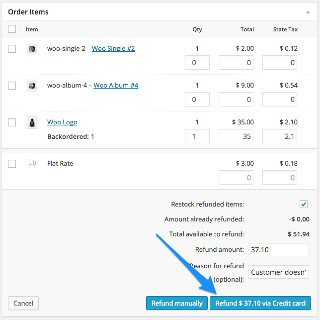 WooCommerce Begin Automatic Credit Card Refund