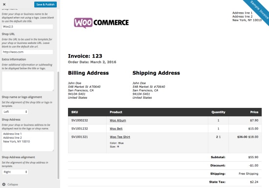 Outil de personnalisation de WooCommerce Print Invoices & Packing Lists