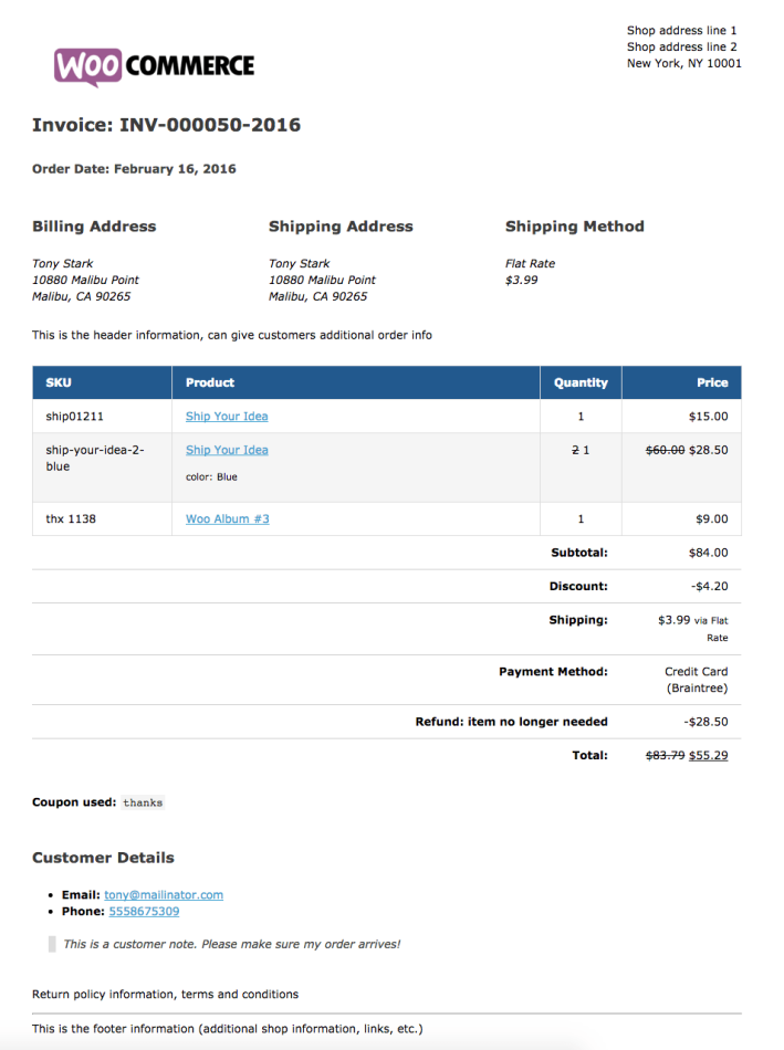 WooCommerce Print Invoices / Packing Lists sample invoice