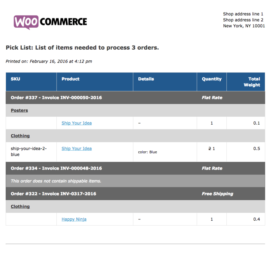 WooCommerce Print Invoices / Packing Lists sample pick list