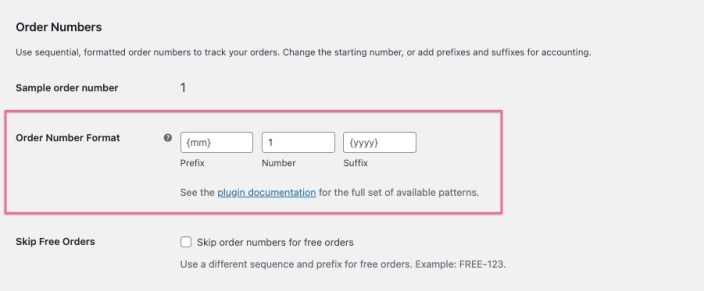 Settings for Sequential Order Numbers Pro under WooCommerce > Settings > General, showing a red box around the Order Number Format fields.