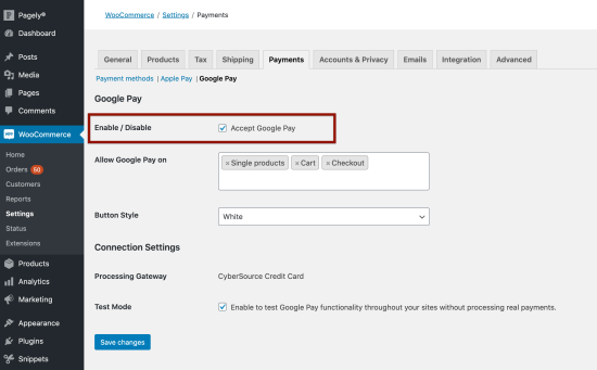 Google Pay settings in the CyberSource plugin.