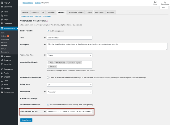 Adding the Visa Checkout API key to the CyberSource plugin settings.