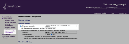 Entering your API Passcode in the Payment Profile Configuration in your Bambora account.