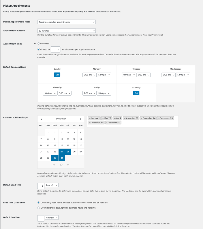 WooCommerce Local Pickup Plus pickup appointments settings