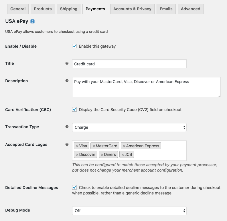 WooCommerce USA ePay: settings