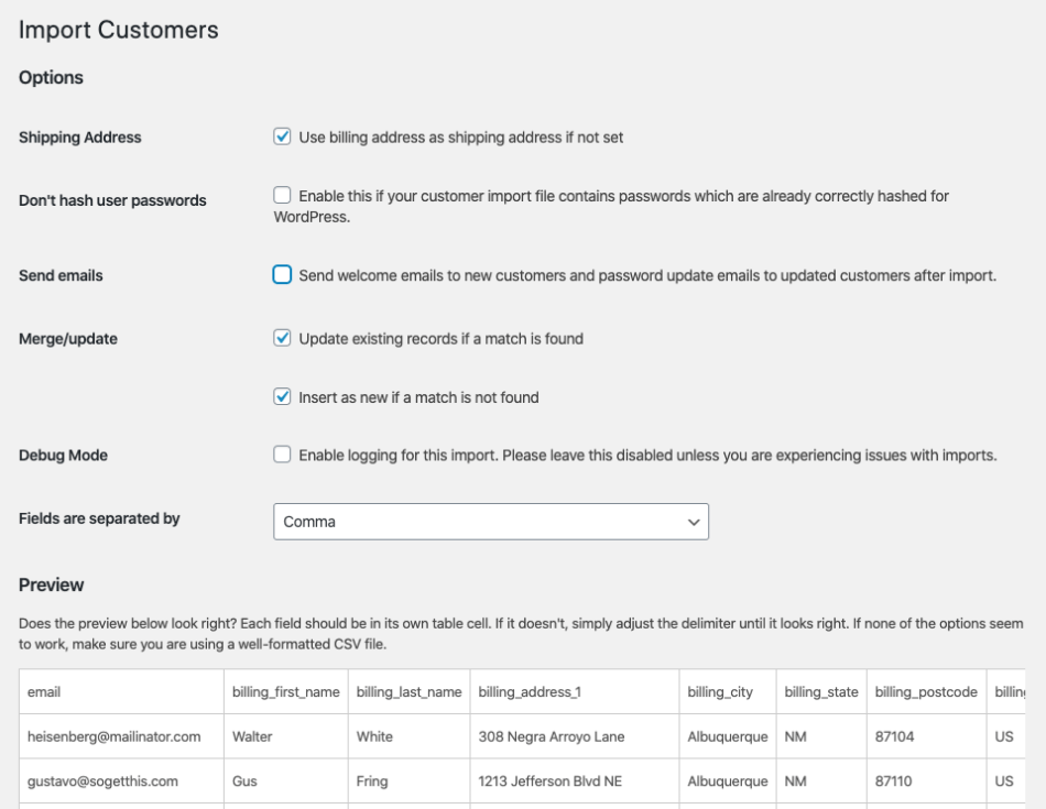 WooCommerce Customer / Order / Coupon Import: customer import settings