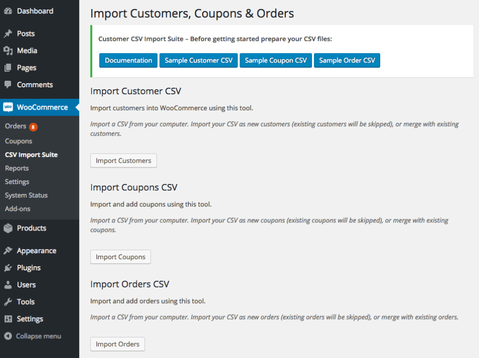 Importation CSV clients, codes de promotion et commandes WooCommerce : Sélectionnez le type d’importation :