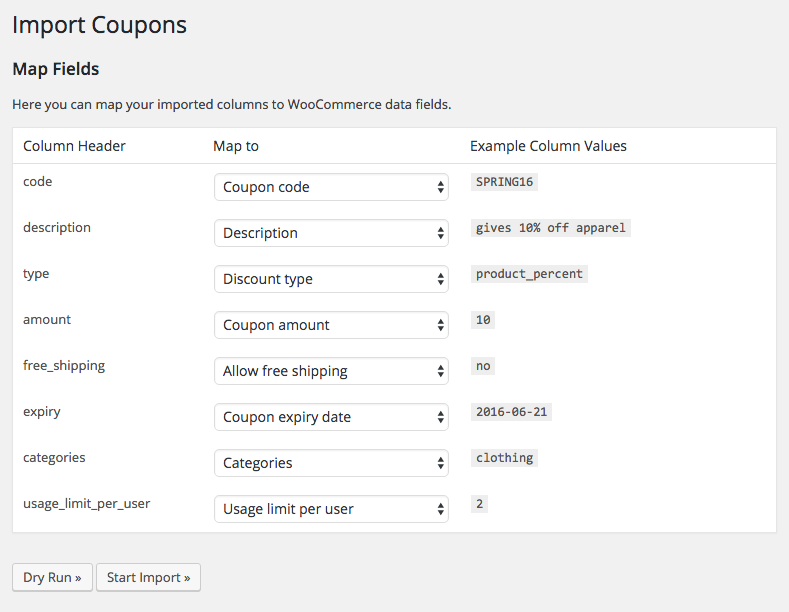 Importation CSV des clients, codes de promotion et commandes WooCommerce : Mappage d’importation des codes de promotion