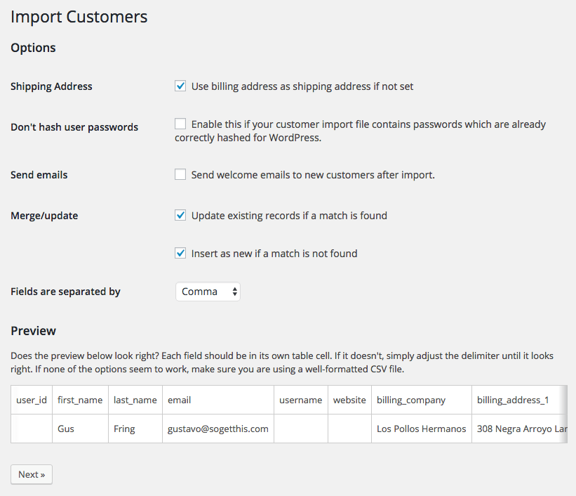 WooCommerce Customer / Coupon / Order CSV Import: opciones de importación personalizadas
