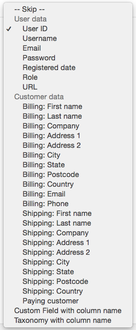 WooCommerce Customer / coupon / Order CSV Import: available customer data