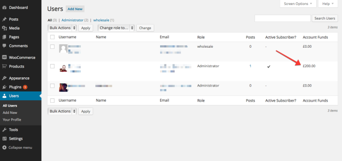 Account Funds shown on the users list