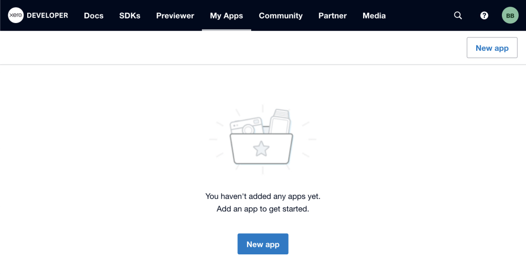 Go to the Xero Developer portal's My Apps section and click on the "New app" button