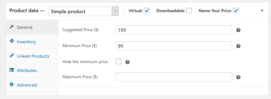 Product Data Metabox showing checkbox for enabling Name Your Price and the Name Your Price field inputs: Suggested Price, Minimum Price, Hide Minimum Price, and Maximum Price.