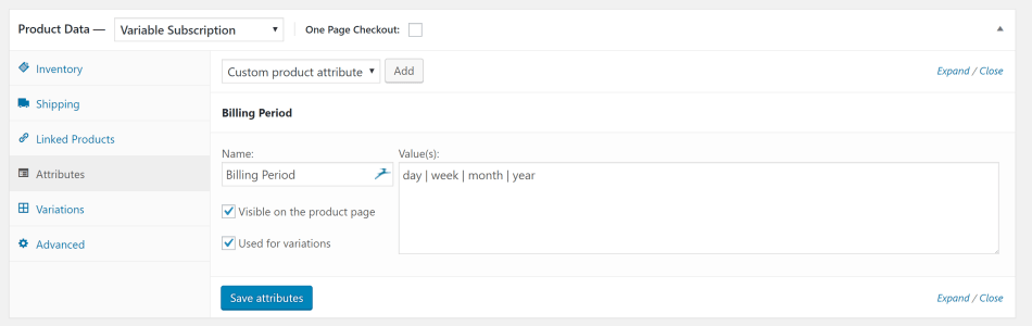 Variable Product attributes metabox